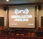 The stage is set for the debate with students from each of the political parties on campus. Image: University Radio York